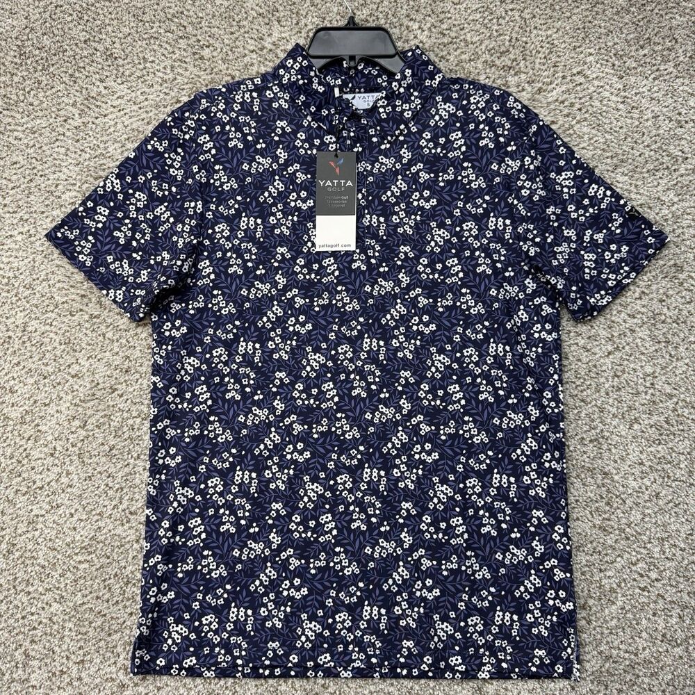 YATTA Golf Polo Shirt‎ Men's Small Speckled Floral Navy Blue Stretch Wicking New